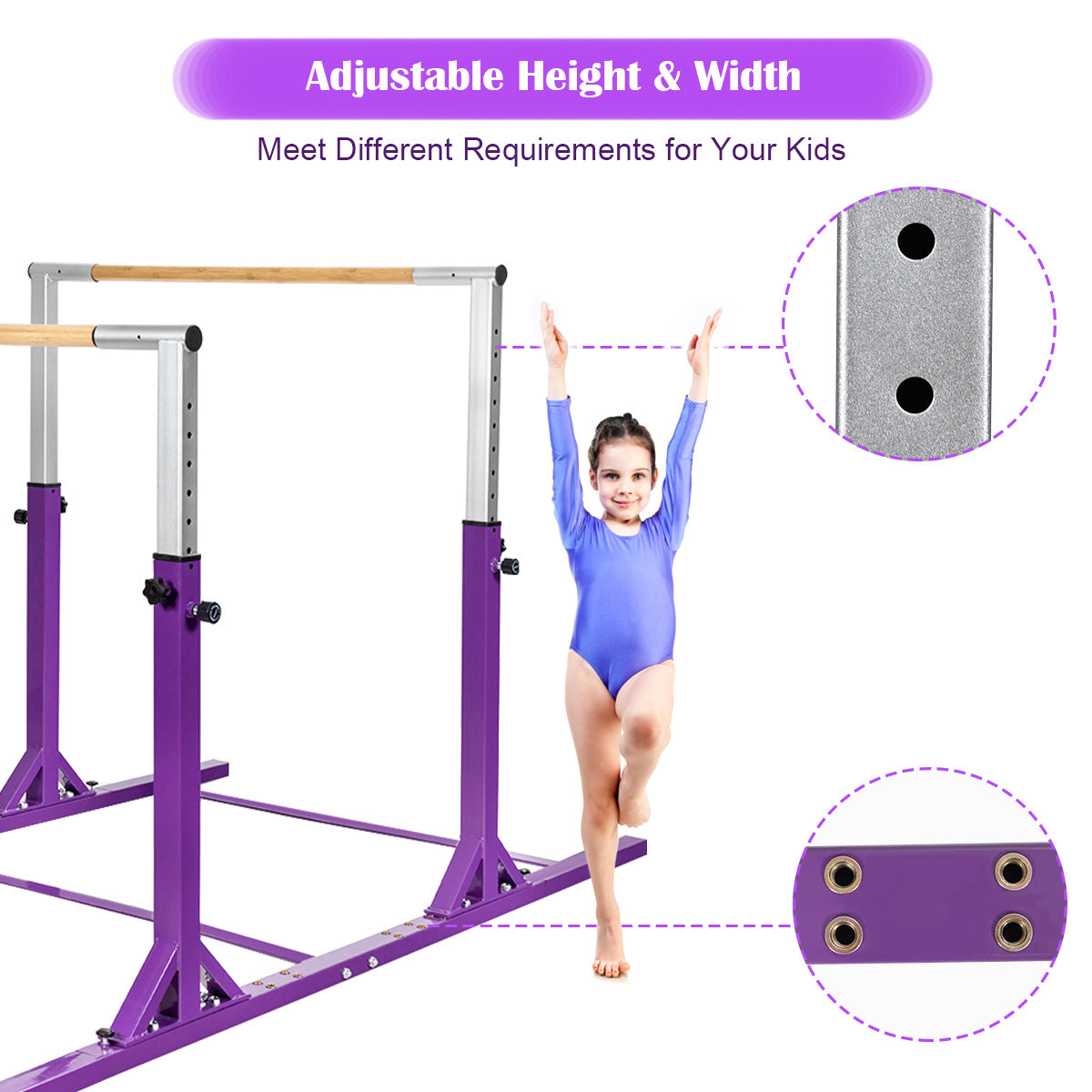 Kids Double Horizontal Bars Gymnastic Training Parallel Bars Adjustable-Purple Kids Crystal
