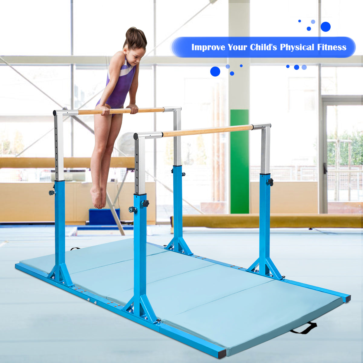 Kids Double Horizontal Bars Gymnastic Training Parallel Bars Adjustable-Blue Kids Crystal