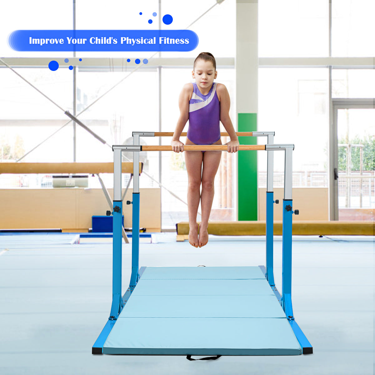 Kids Double Horizontal Bars Gymnastic Training Parallel Bars Adjustable-Blue Kids Crystal