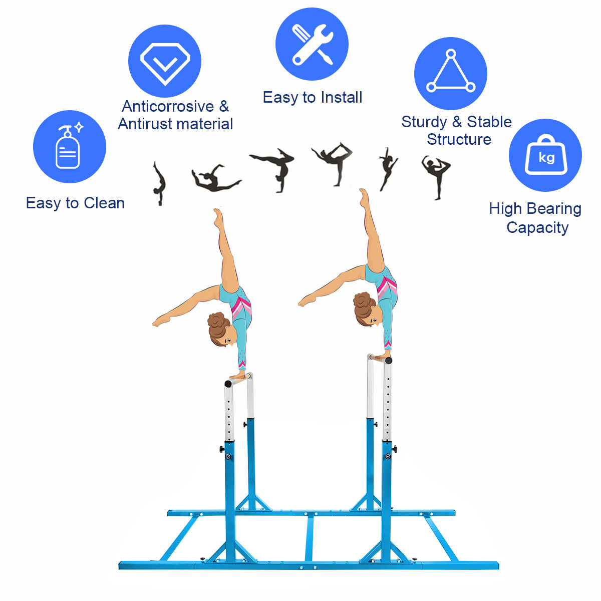 Kids Double Horizontal Bars Gymnastic Training Parallel Bars Adjustable-Blue Kids Crystal
