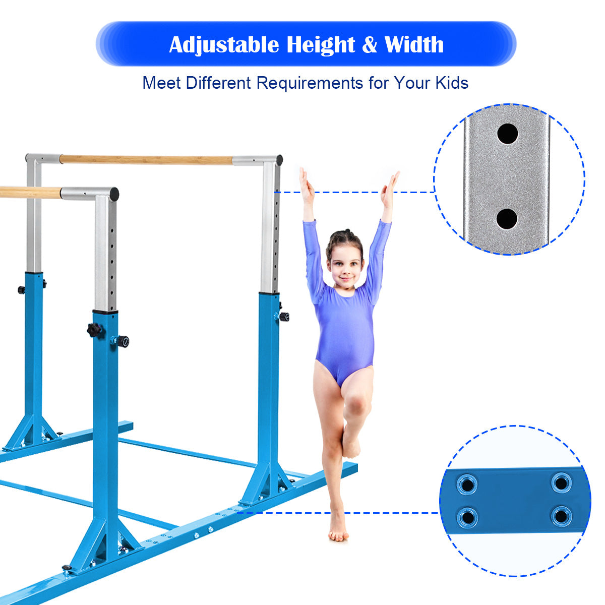 Kids Double Horizontal Bars Gymnastic Training Parallel Bars Adjustable-Blue Kids Crystal