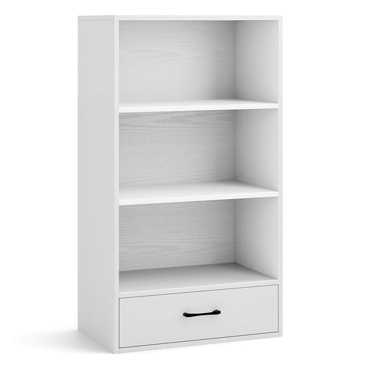 48 Inch Tall 4 Tiers Wood Bookcase with Drawer-White Kids Crystal