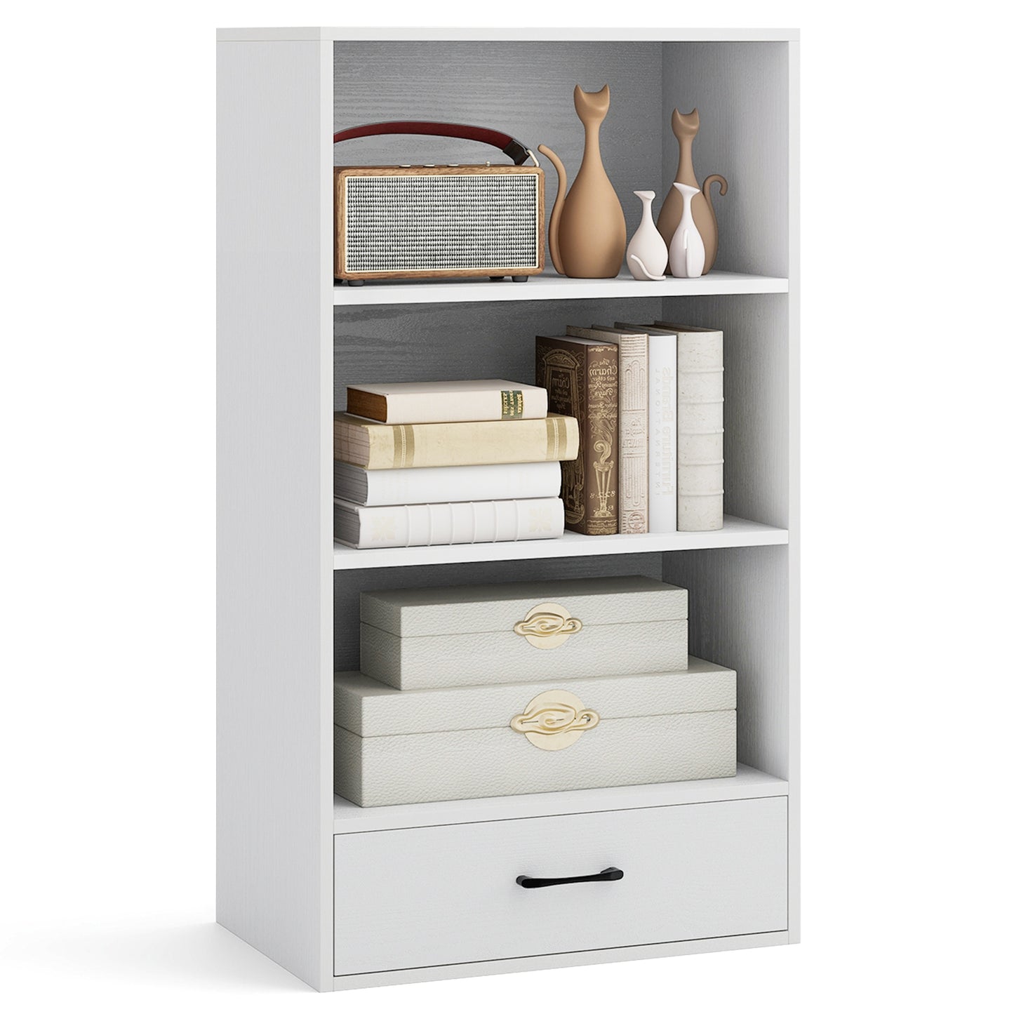 48 Inch Tall 4 Tiers Wood Bookcase with Drawer-White Kids Crystal