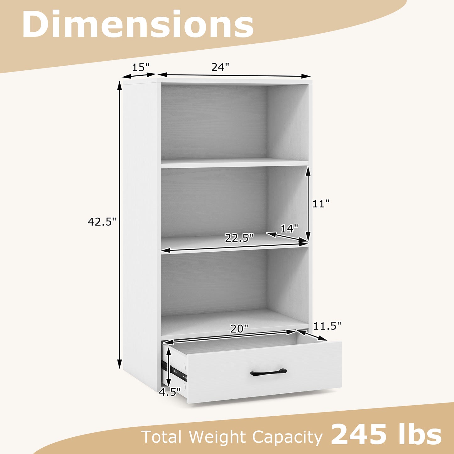 48 Inch Tall 4 Tiers Wood Bookcase with Drawer-White Kids Crystal