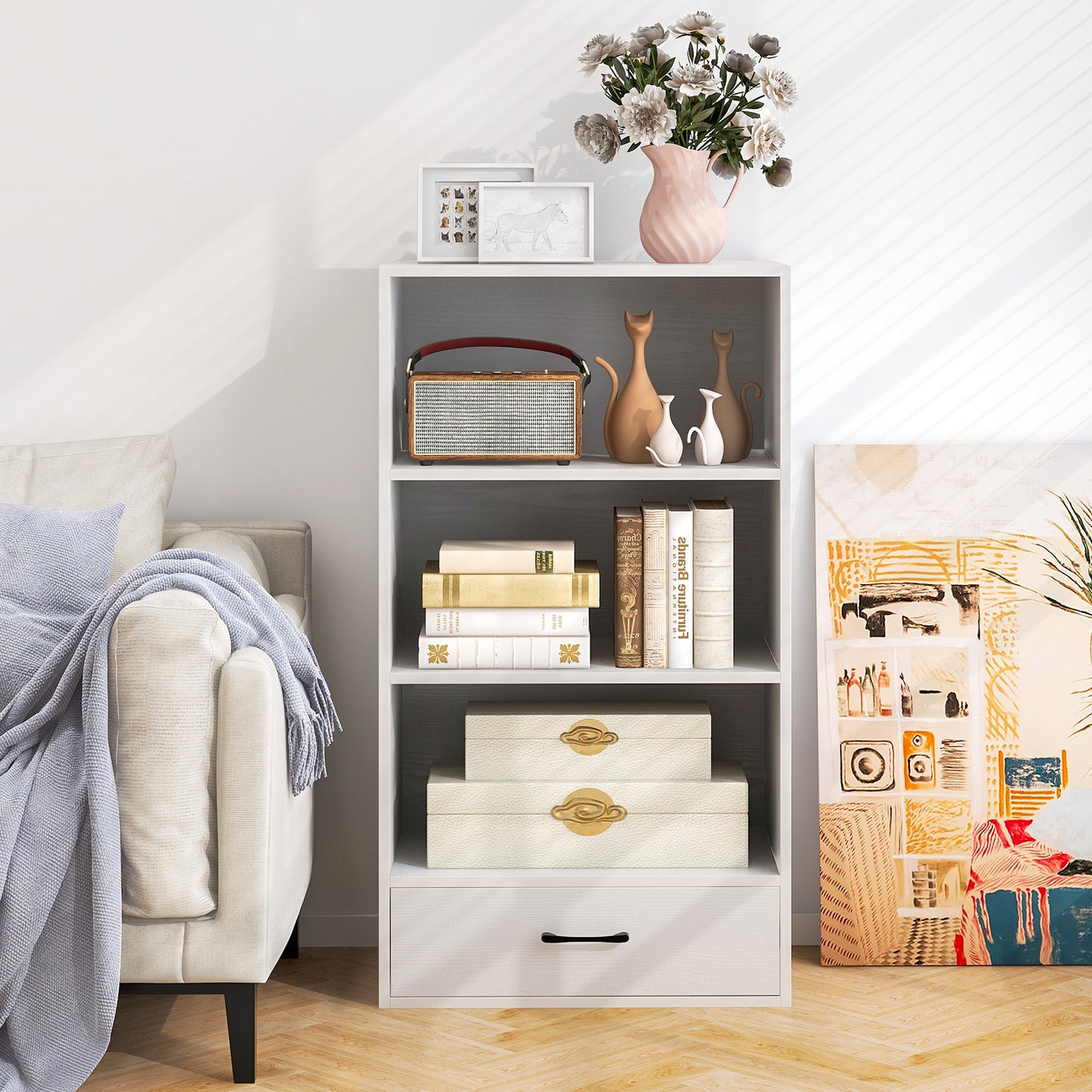 48 Inch Tall 4 Tiers Wood Bookcase with Drawer-White Kids Crystal