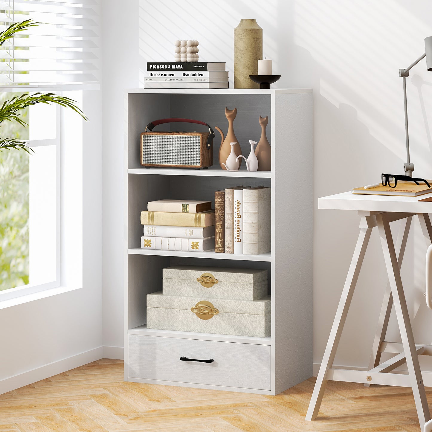 48 Inch Tall 4 Tiers Wood Bookcase with Drawer-White Kids Crystal