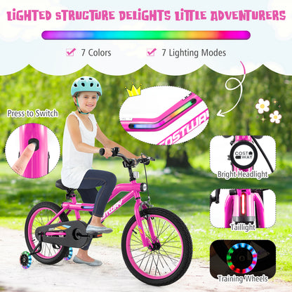 18 Inch LED Lighted Kids Bike with Training Wheels and Headlight for Ages 4-8 Years-18 inches