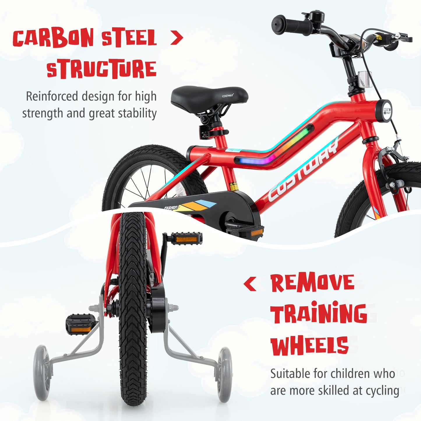 16 Inch Kids Bike with LED Lights Adjustable Carbon Steel Bicycle for 4-7 Years Old-16 inches Kids Crystal