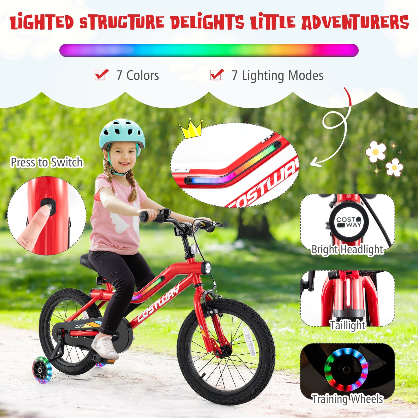16 Inch Kids Bike with LED Lights Adjustable Carbon Steel Bicycle for 4-7 Years Old-16 inches Kids Crystal