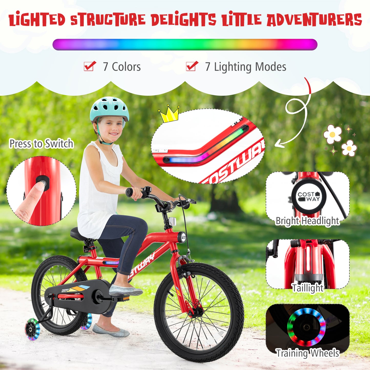 18 Inch Kids Bike with LED Lights Adjustable Carbon Steel Bicycle for 4-8 Years Old-18 inches Kids Crystal