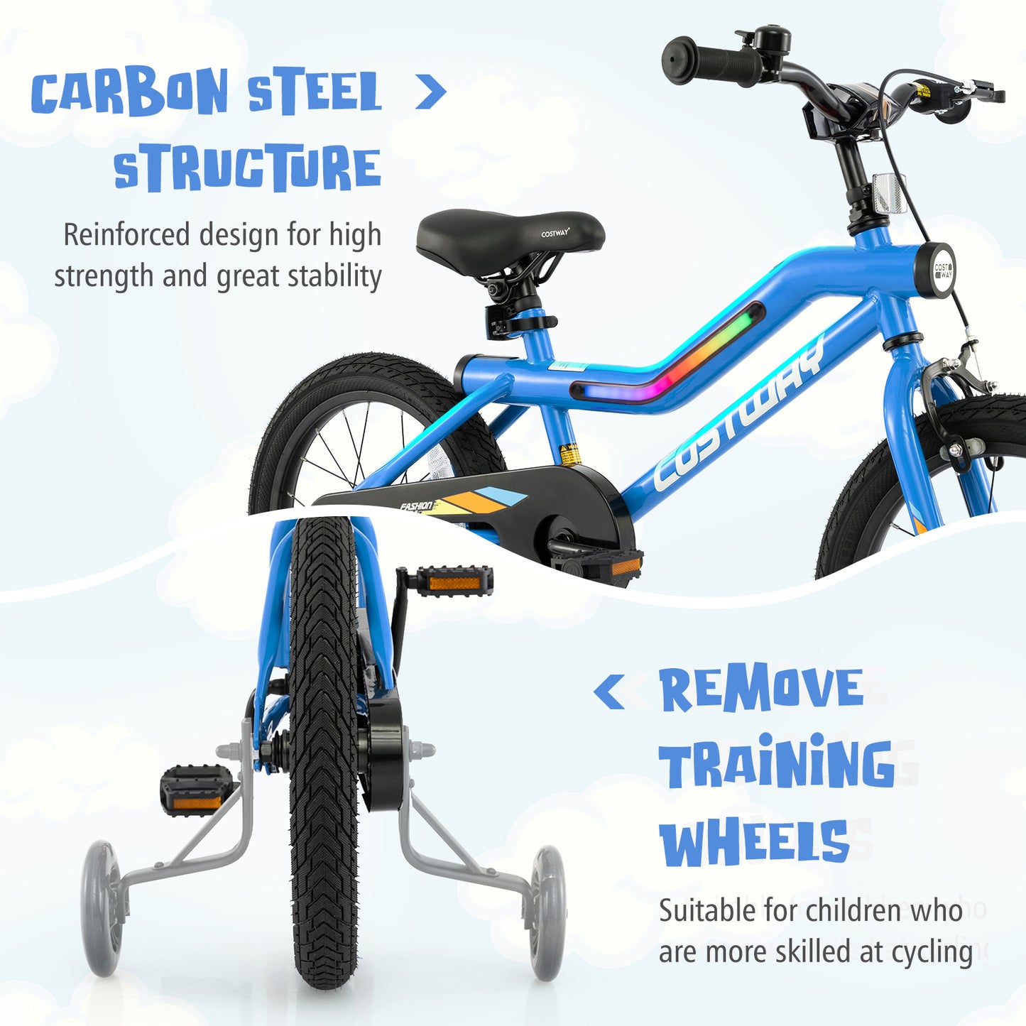 16 Inch Kids Bike LED Lighted Adjustable with Training Wheels for 4-7 Years Old Kids-16 inches Kids Crystal