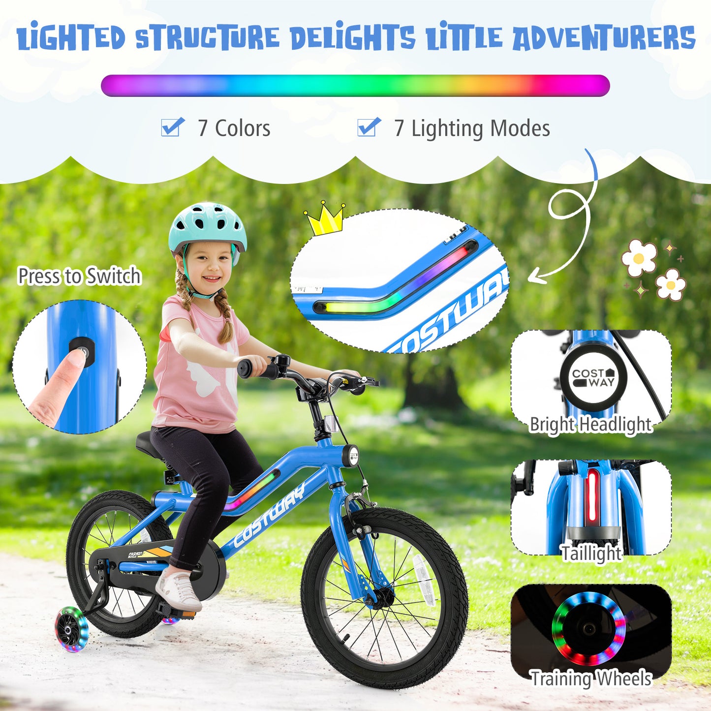 16 Inch Kids Bike LED Lighted Adjustable with Training Wheels for 4-7 Years Old Kids-16 inches Kids Crystal