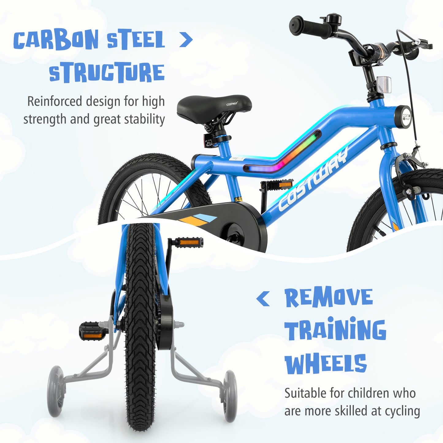 18 Inch Kids Bike LED Lighted Adjustable with Training Wheels for 4-8 Years Old Kids-18 inches Kids Crystal