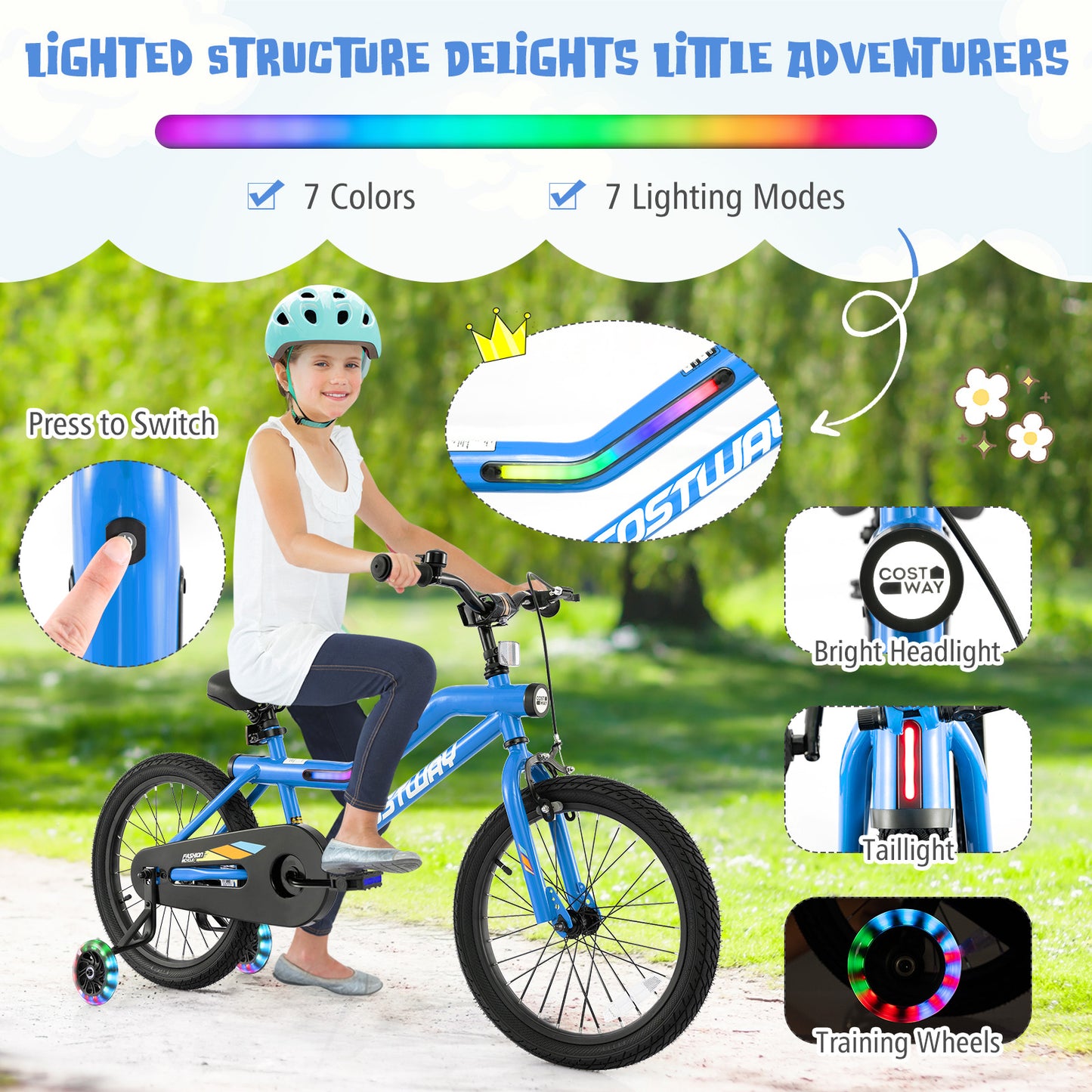 18 Inch Kids Bike LED Lighted Adjustable with Training Wheels for 4-8 Years Old Kids-18 inches Kids Crystal
