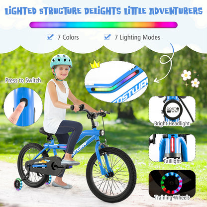 18 Inch Kids Bike LED Lighted Adjustable with Training Wheels for 4-8 Years Old Kids-18 inches