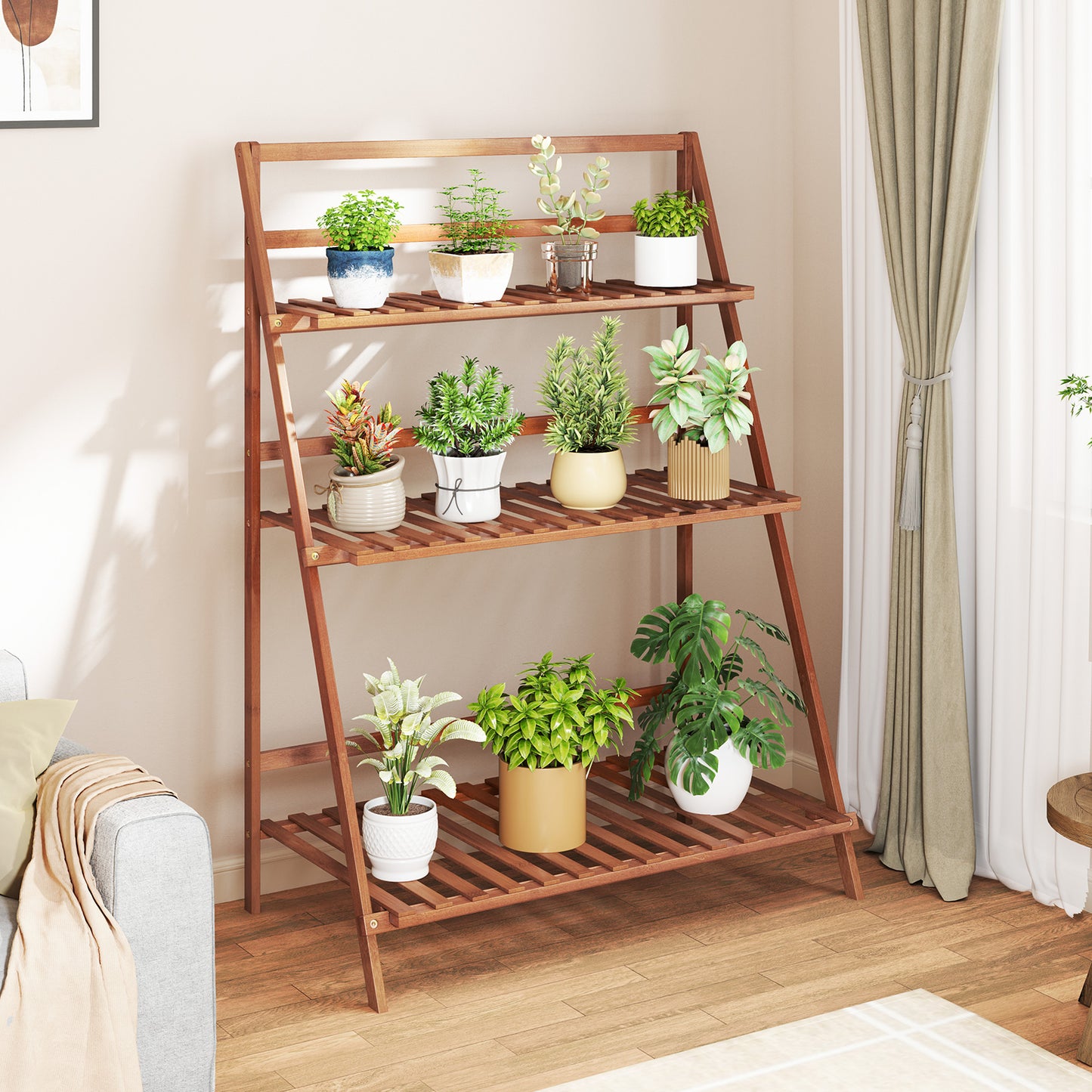 3-Tier Bamboo Ladder Shelf Foldable Plant Flower Bookshelf-Brown Kids Crystal
