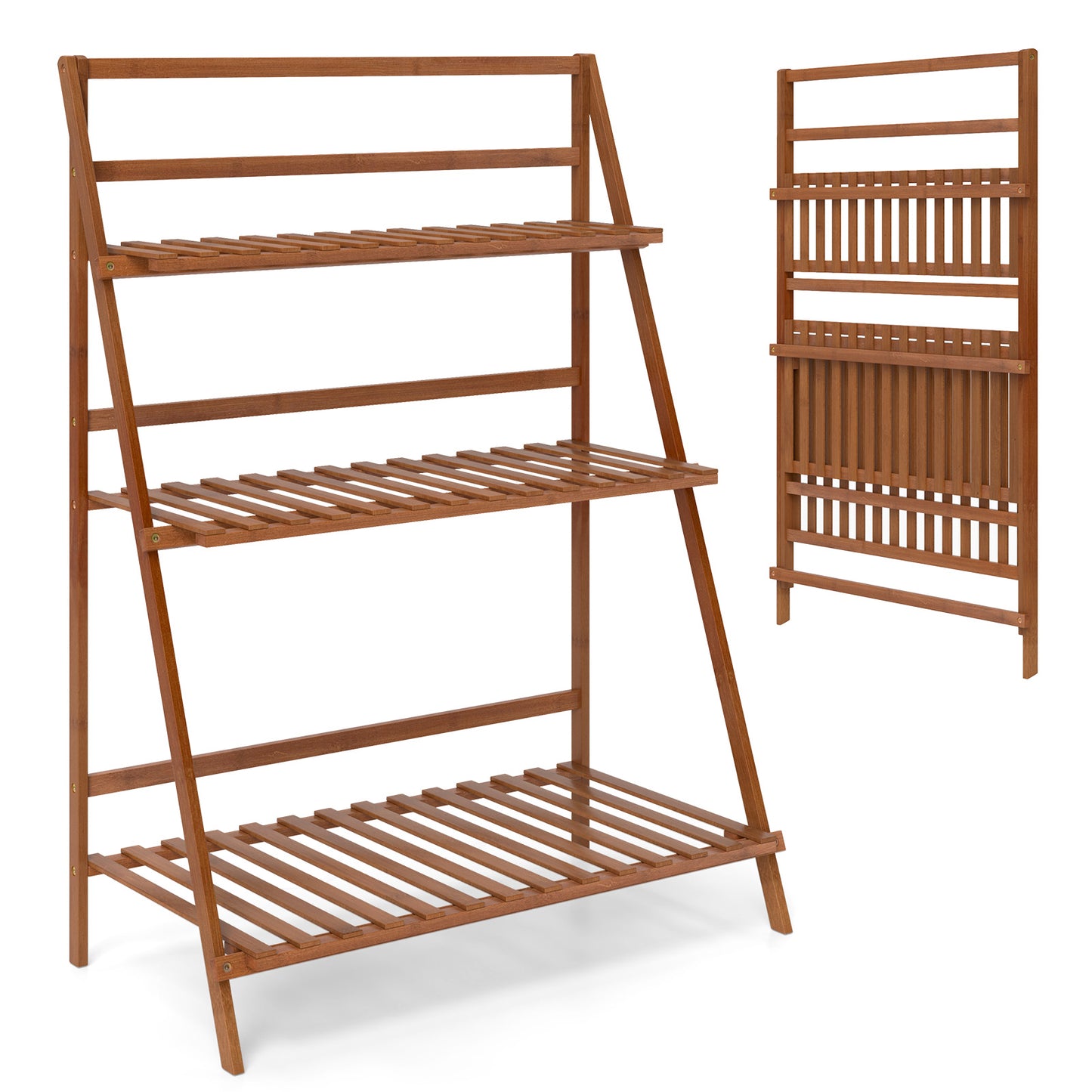 3-Tier Bamboo Ladder Shelf Foldable Plant Flower Bookshelf-Brown Kids Crystal