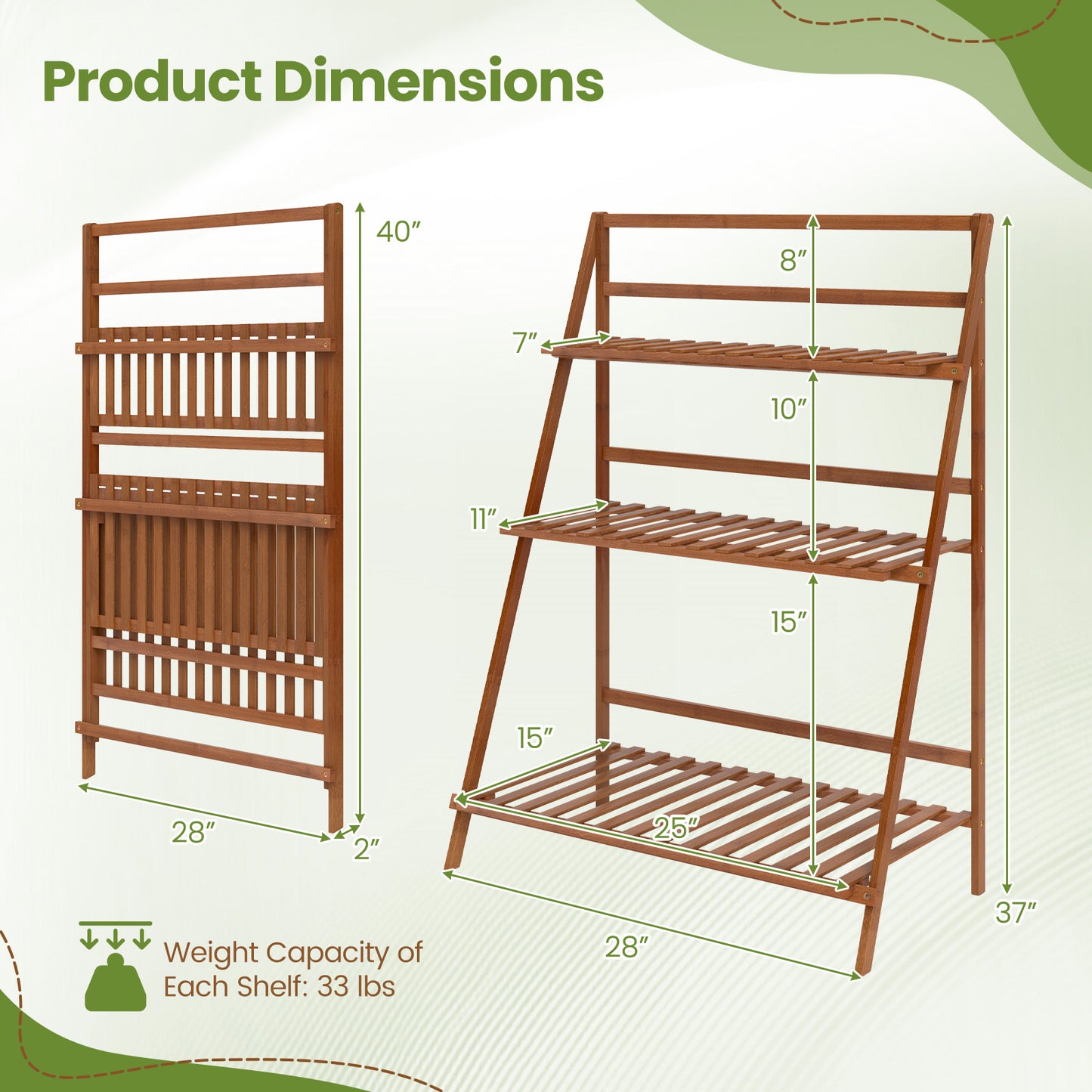 3-Tier Bamboo Ladder Shelf Foldable Plant Flower Bookshelf-Brown Kids Crystal