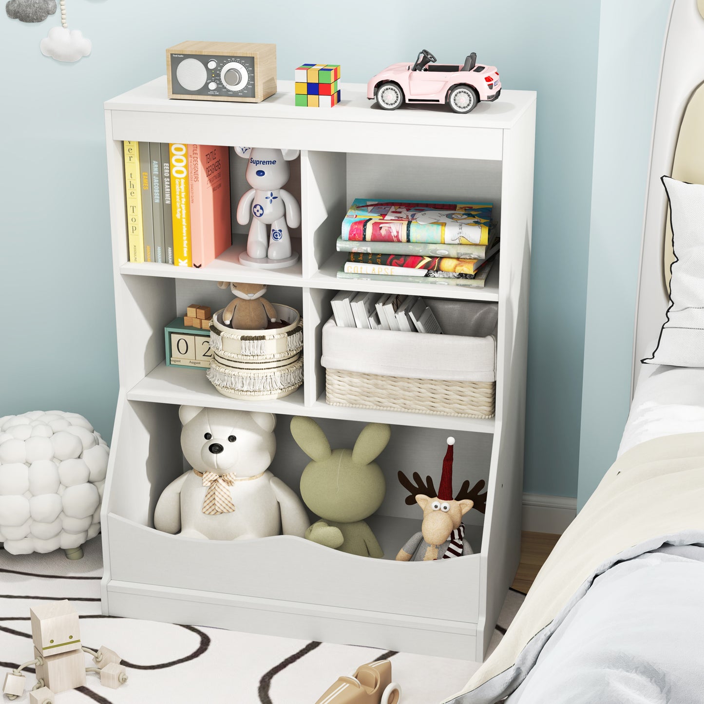 3-Tier Children's Multi-Functional Bookcase Toy Storage Bin Floor Cabinet-White Kids Crystal