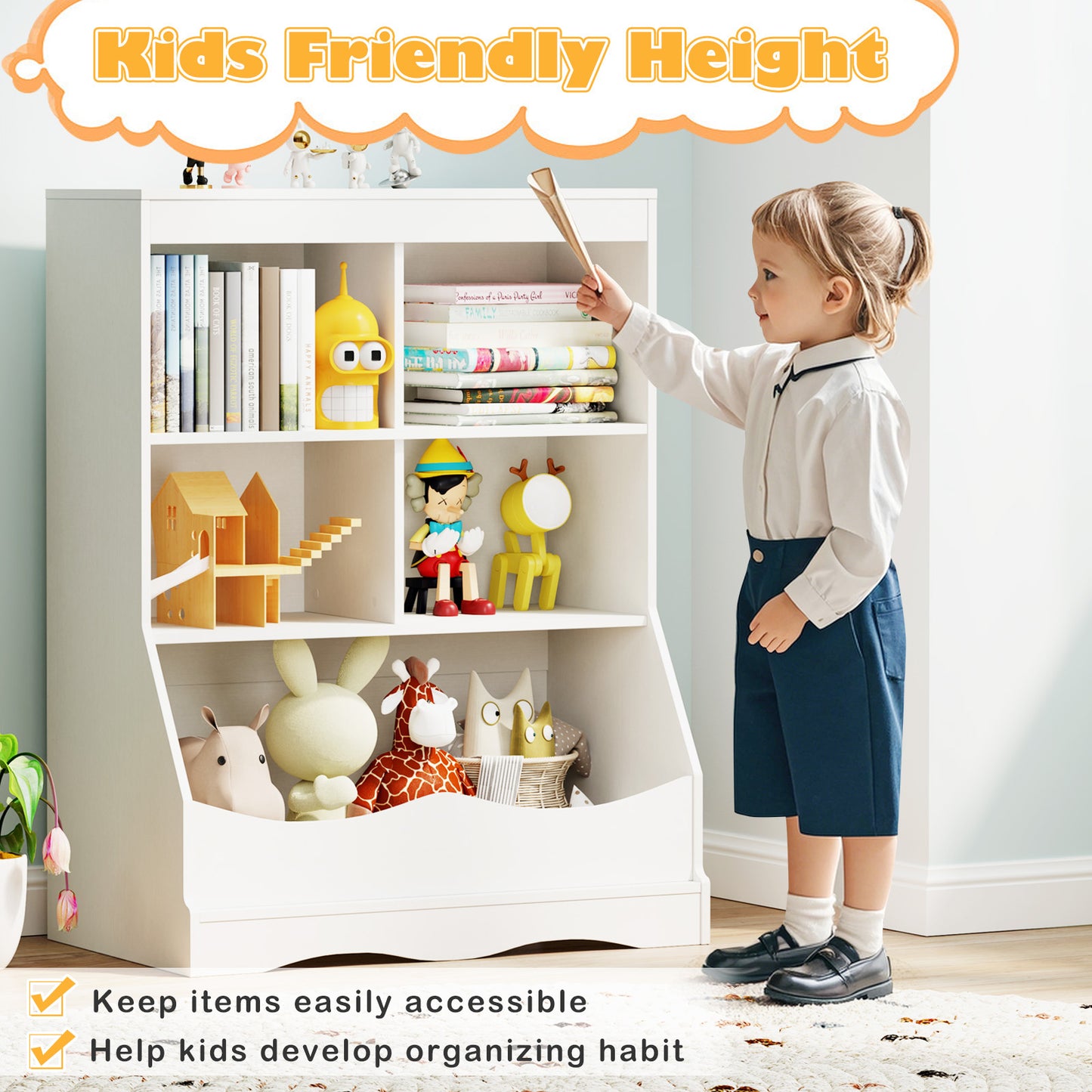 3-Tier Children's Multi-Functional Bookcase Toy Storage Bin Floor Cabinet-White Kids Crystal