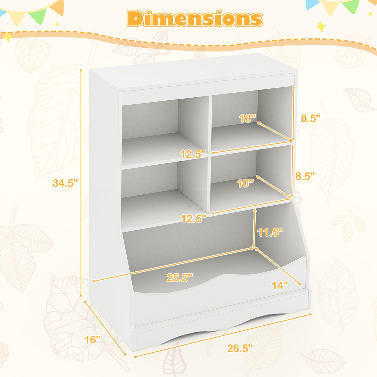 3-Tier Children's Multi-Functional Bookcase Toy Storage Bin Floor Cabinet-White Kids Crystal
