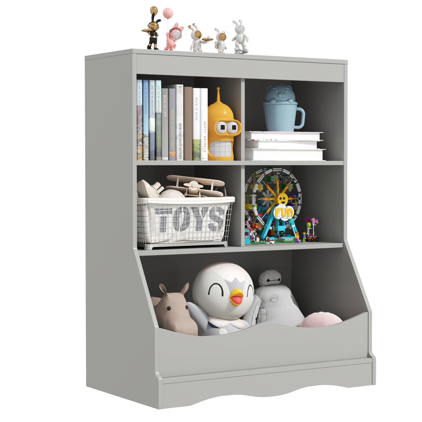 3-Tier Children's Multi-Functional Bookcase Toy Storage Bin Floor Cabinet-Gray Kids Crystal