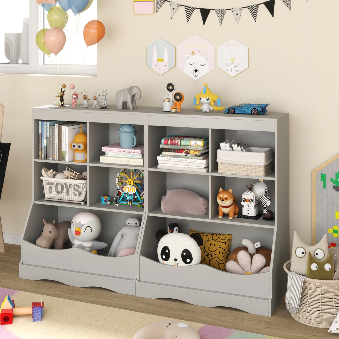 3-Tier Children's Multi-Functional Bookcase Toy Storage Bin Floor Cabinet-Gray Kids Crystal