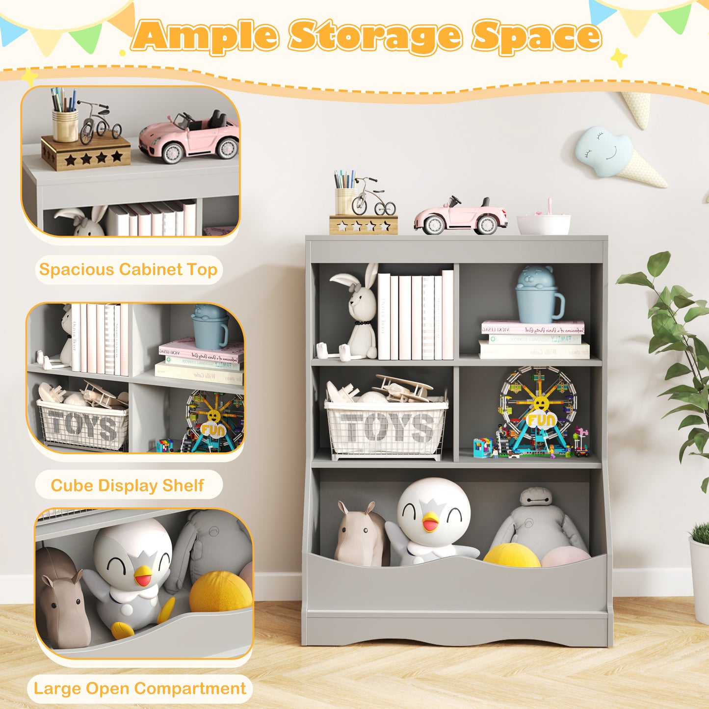 3-Tier Children's Multi-Functional Bookcase Toy Storage Bin Floor Cabinet-Gray Kids Crystal