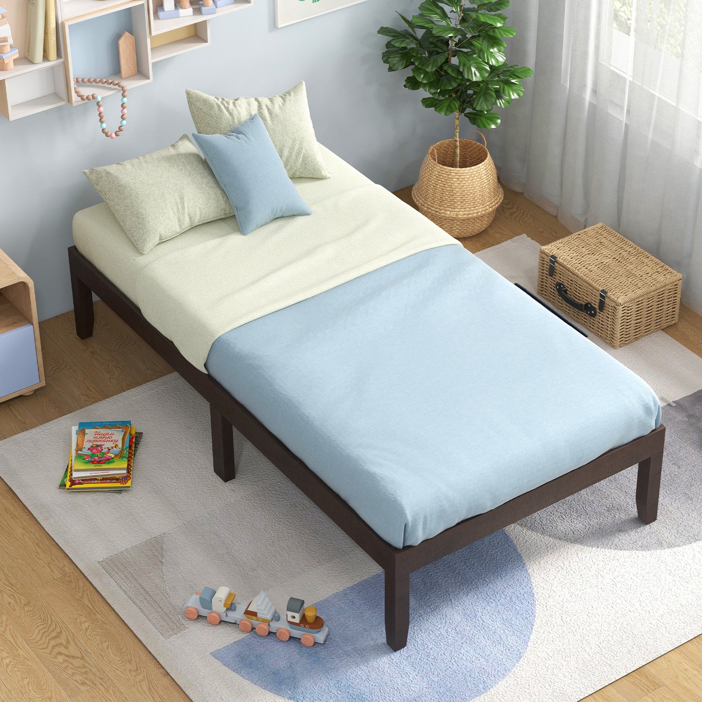 14 Inch Twin Wood Platform Bed Frame with Wooden Slats Support-Espresso Kids Crystal