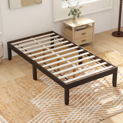 14 Inch Twin Wood Platform Bed Frame with Wooden Slats Support-Espresso