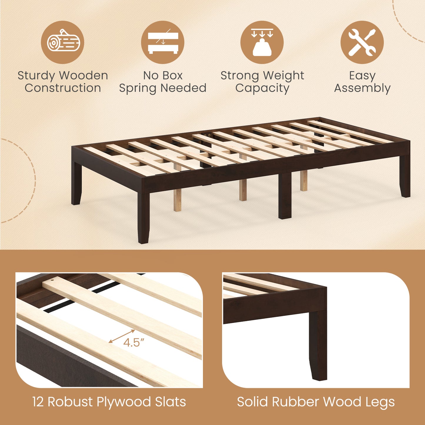 14 Inch Twin Wood Platform Bed Frame with Wooden Slats Support-Espresso Kids Crystal