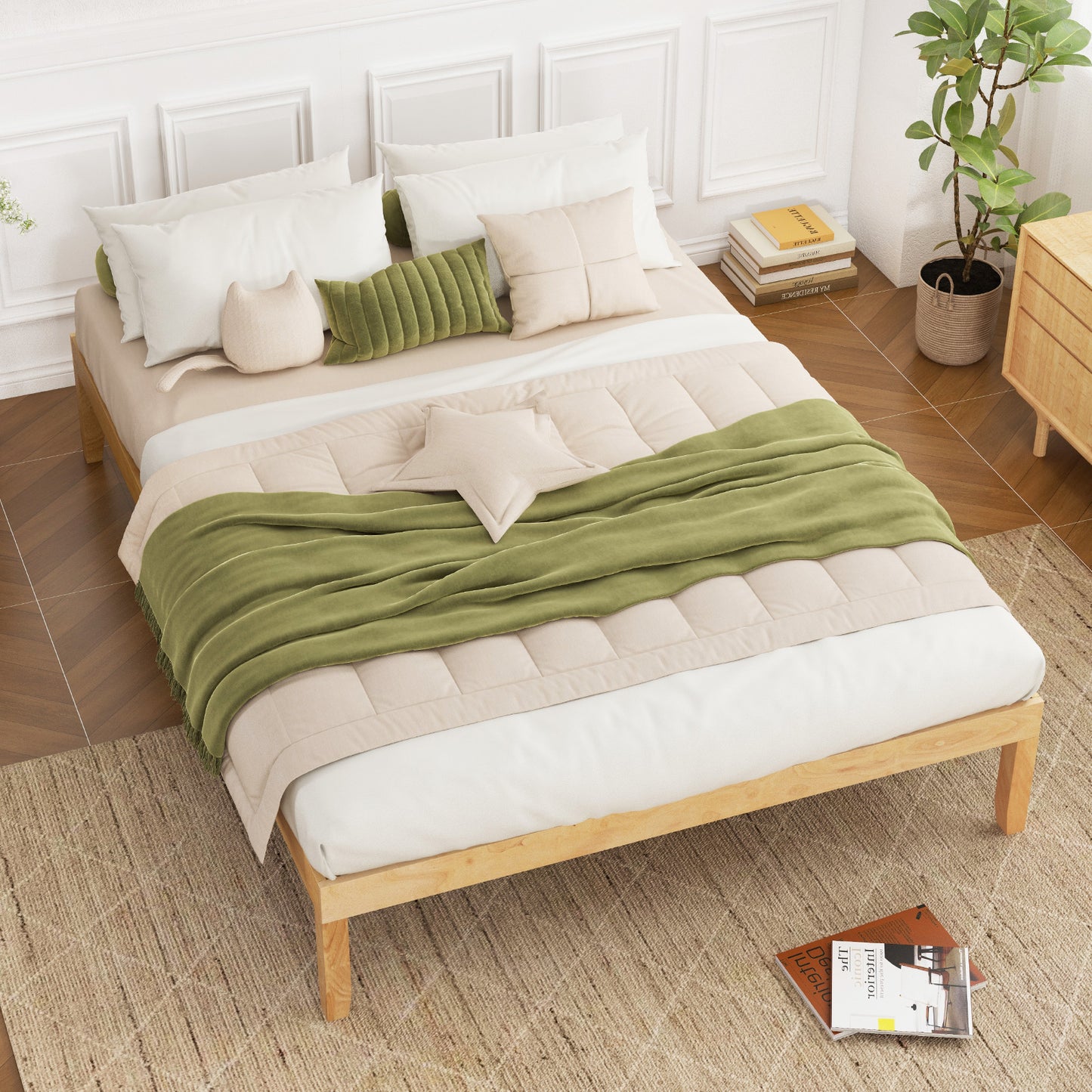 Full Size Wood Bed Frame with Wooden Slats Support and Rubber Wood Legs-Natural Kids Crystal