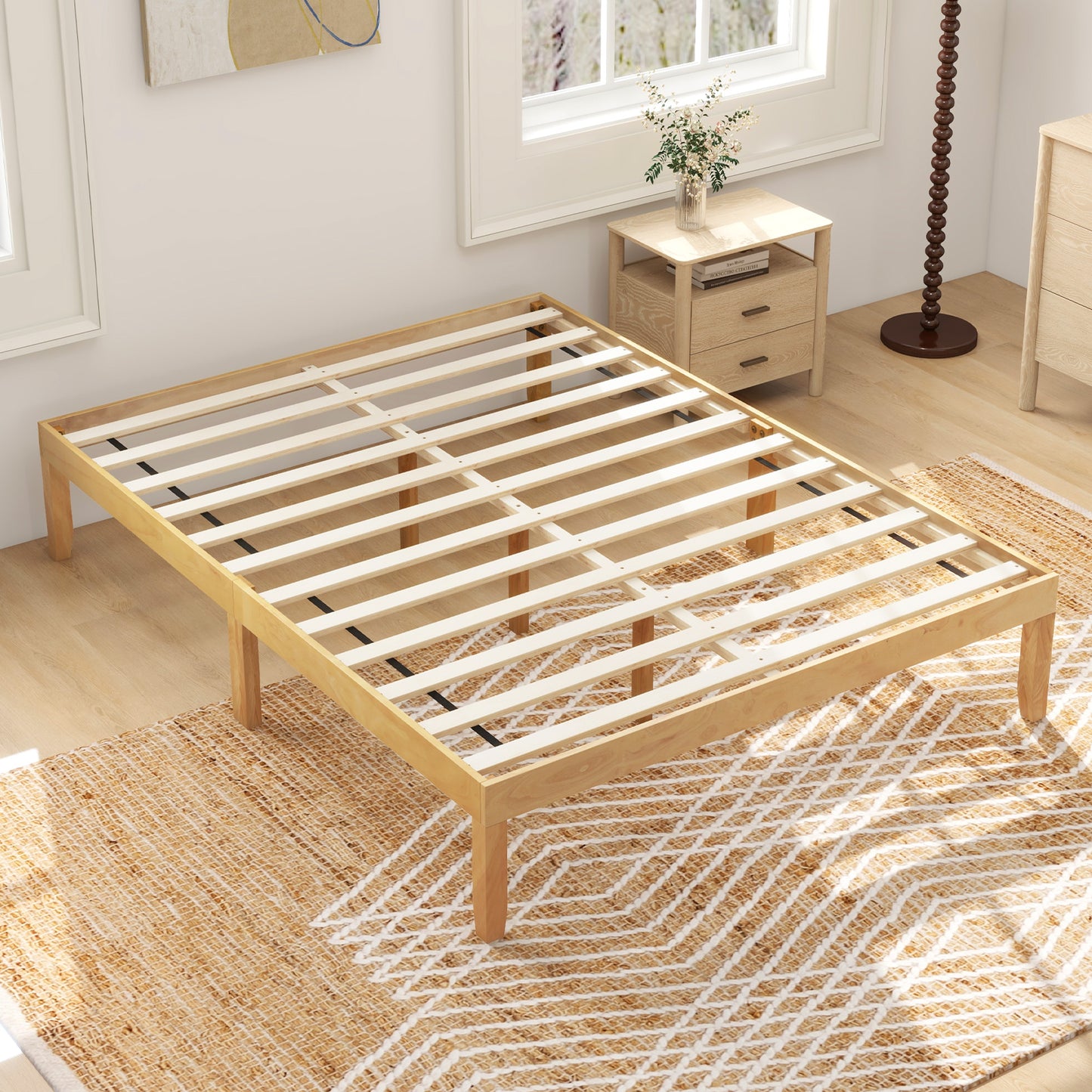 Full Size Wood Bed Frame with Wooden Slats Support and Rubber Wood Legs-Natural Kids Crystal