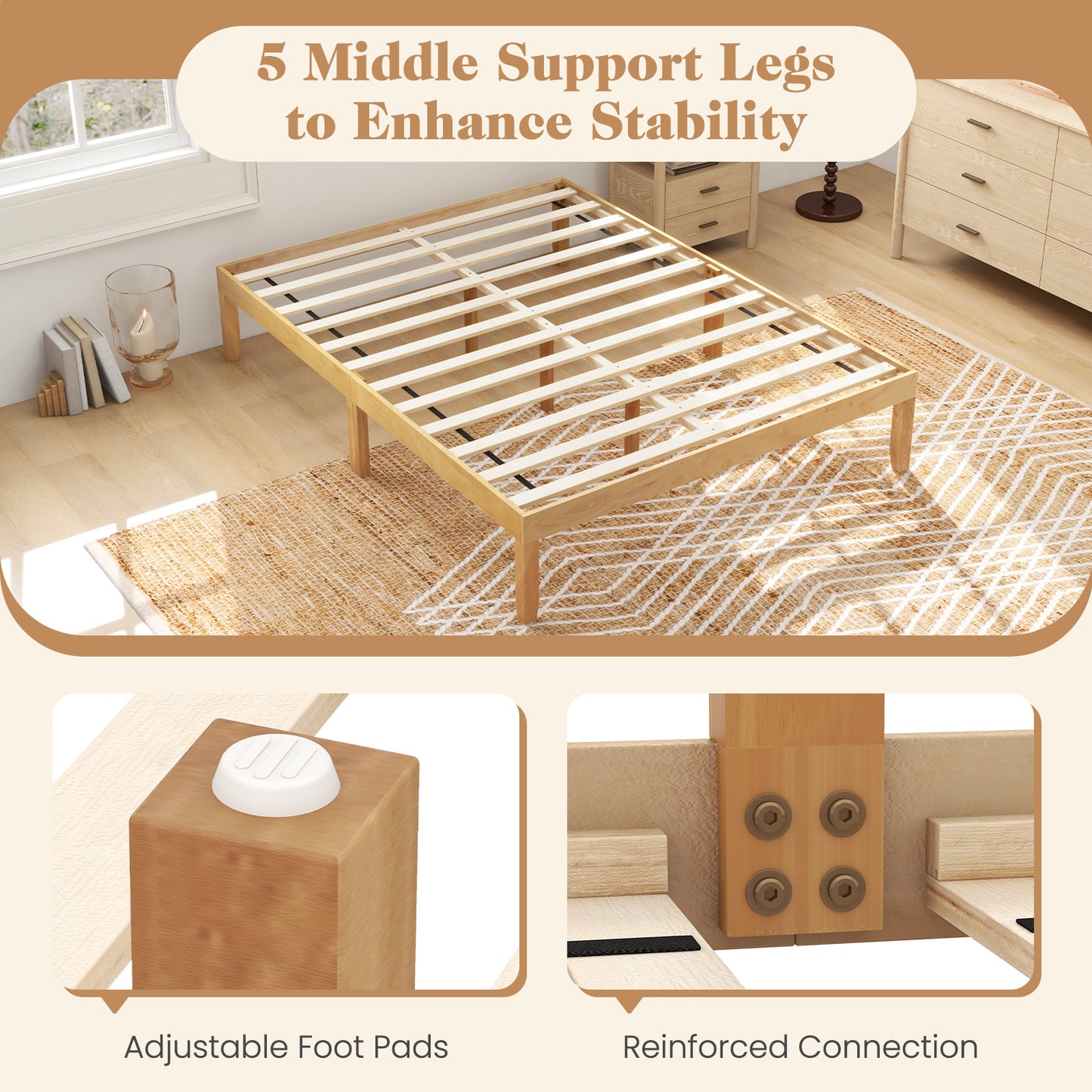 Full Size Wood Bed Frame with Wooden Slats Support and Rubber Wood Legs-Natural Kids Crystal