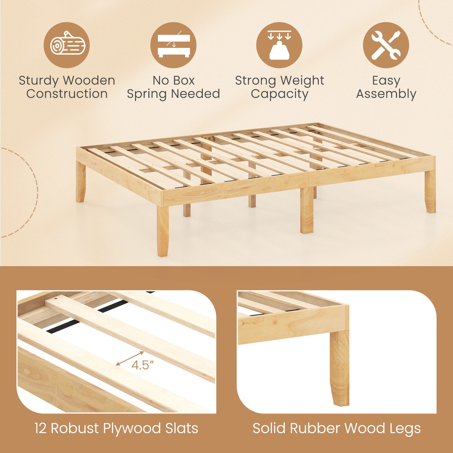 Full Size Wood Bed Frame with Wooden Slats Support and Rubber Wood Legs-Natural Kids Crystal