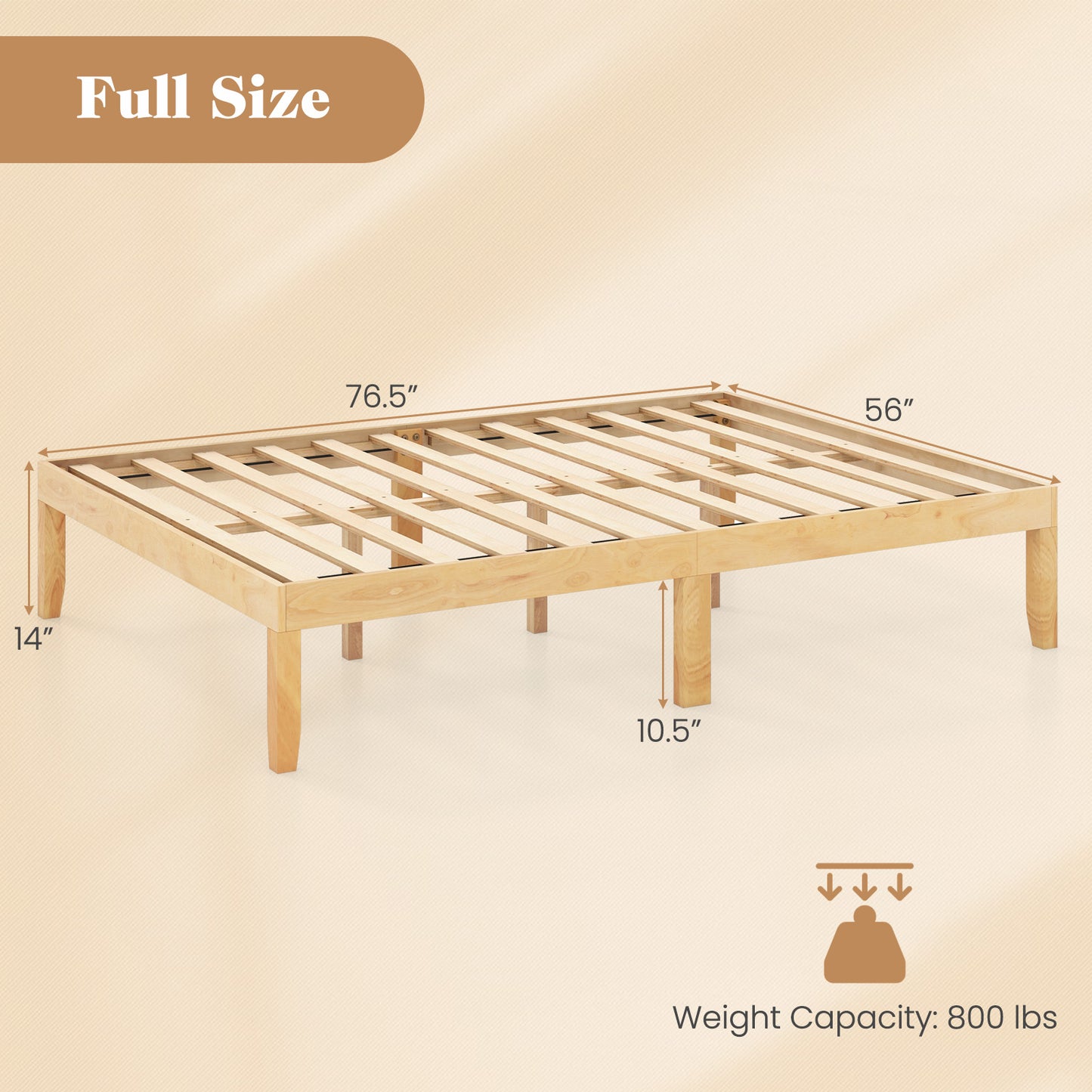 Full Size Wood Bed Frame with Wooden Slats Support and Rubber Wood Legs-Natural Kids Crystal