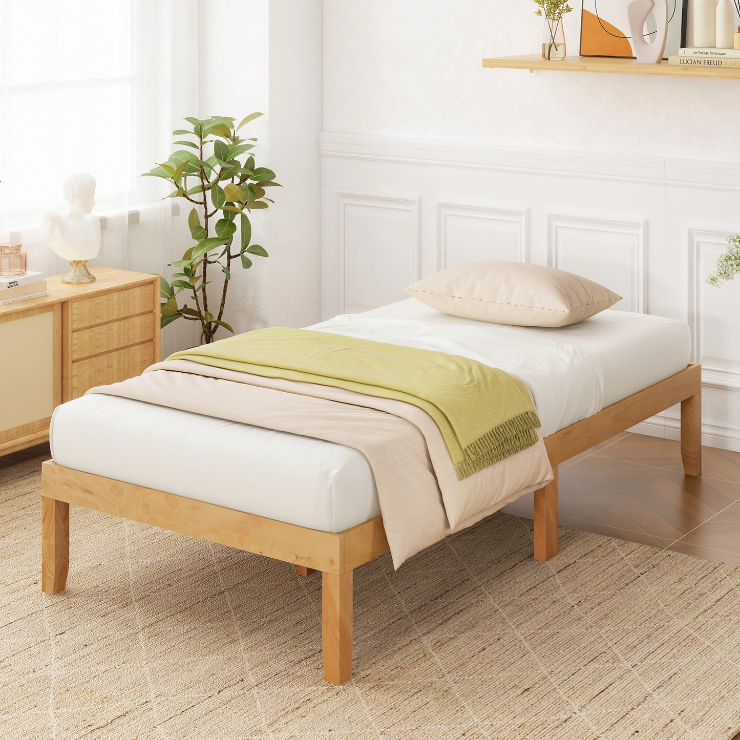 14 Inch Twin Wood Platform Bed Frame with Wooden Slats Support-Natural Kids Crystal