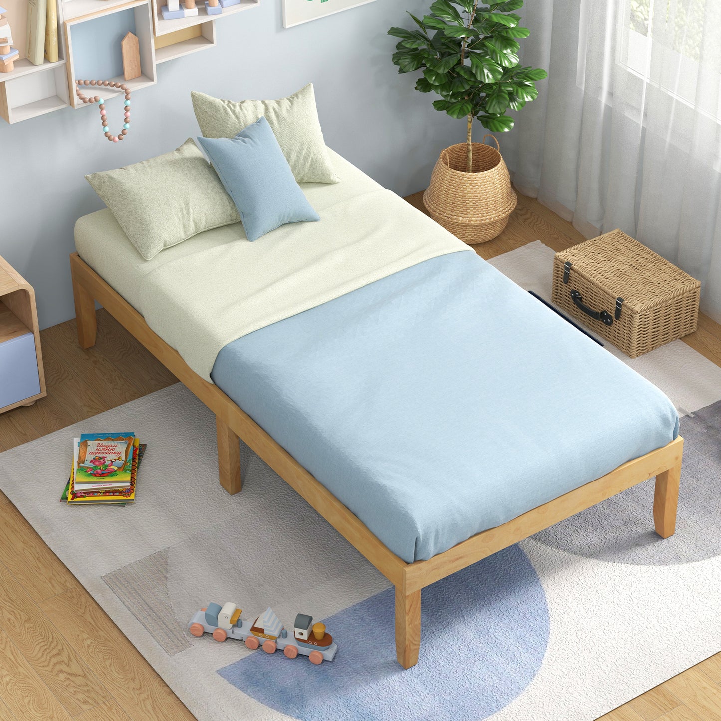 14 Inch Twin Wood Platform Bed Frame with Wooden Slats Support-Natural Kids Crystal