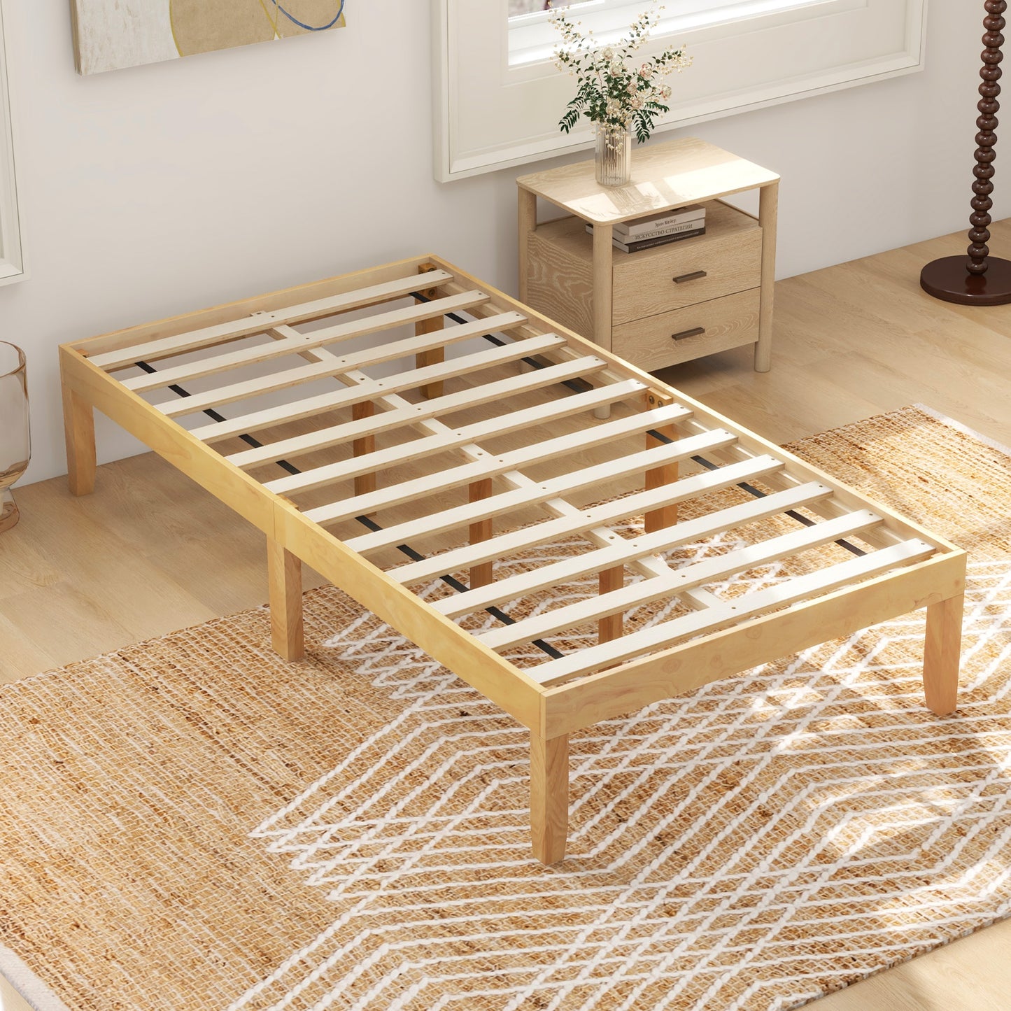 14 Inch Twin Wood Platform Bed Frame with Wooden Slats Support-Natural Kids Crystal