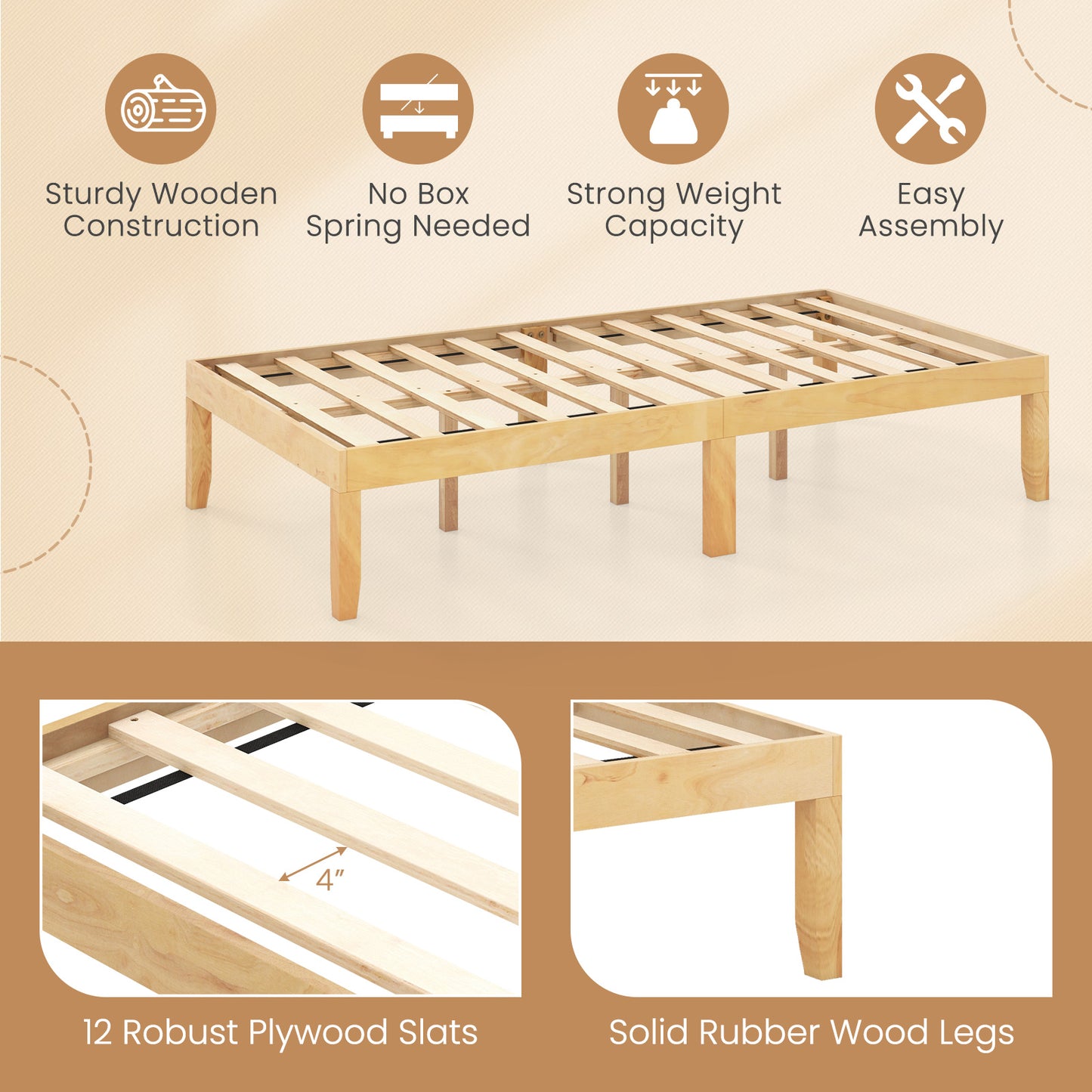 14 Inch Twin Wood Platform Bed Frame with Wooden Slats Support-Natural Kids Crystal