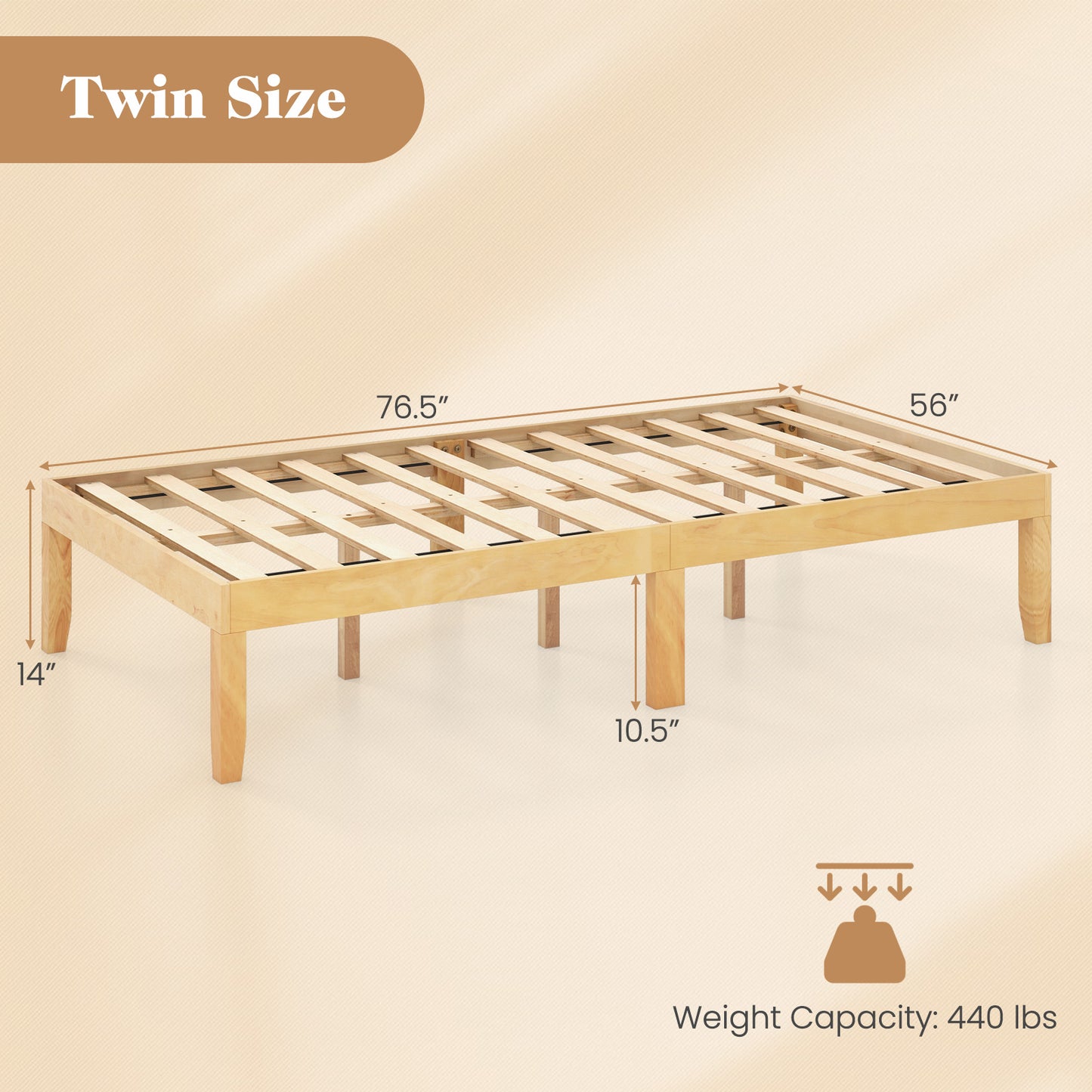 14 Inch Twin Wood Platform Bed Frame with Wooden Slats Support-Natural Kids Crystal