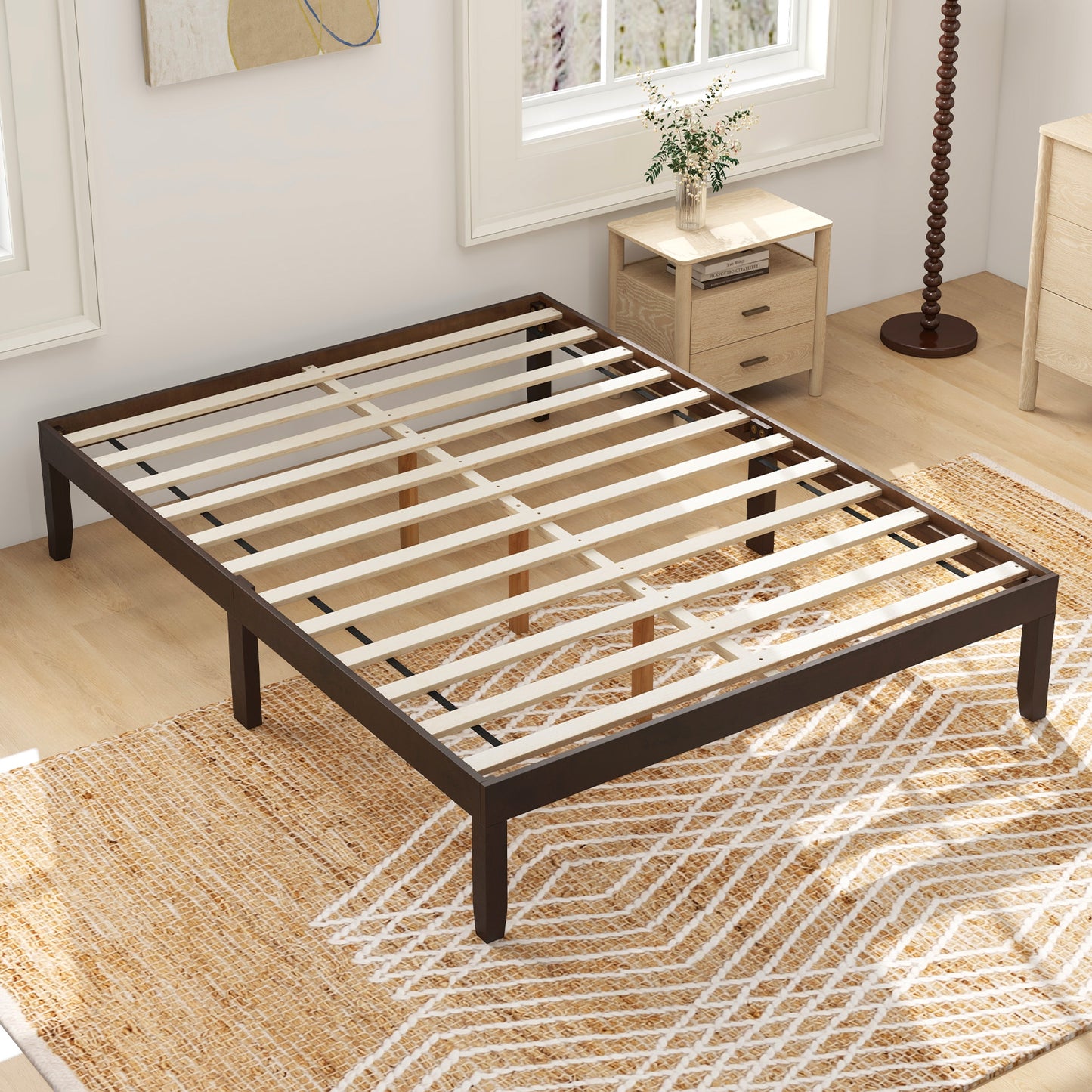 Full Wood Bed Frame with Wooden Slats Support and Rubber Wood Legs-Espresso Kids Crystal