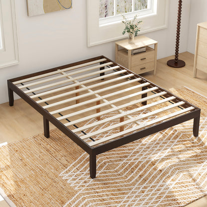 Full Wood Bed Frame with Wooden Slats Support and Rubber Wood Legs-Espresso