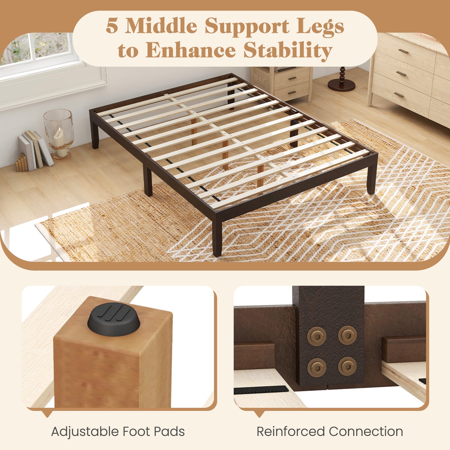 Full Wood Bed Frame with Wooden Slats Support and Rubber Wood Legs-Espresso Kids Crystal