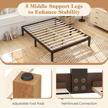 Full Wood Bed Frame with Wooden Slats Support and Rubber Wood Legs-Espresso