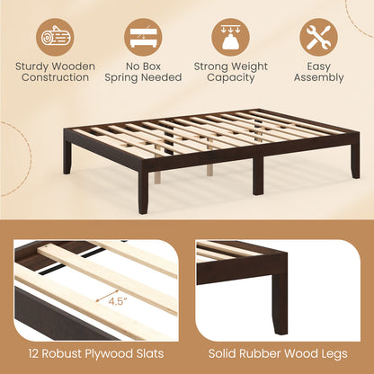 Full Wood Bed Frame with Wooden Slats Support and Rubber Wood Legs-Espresso