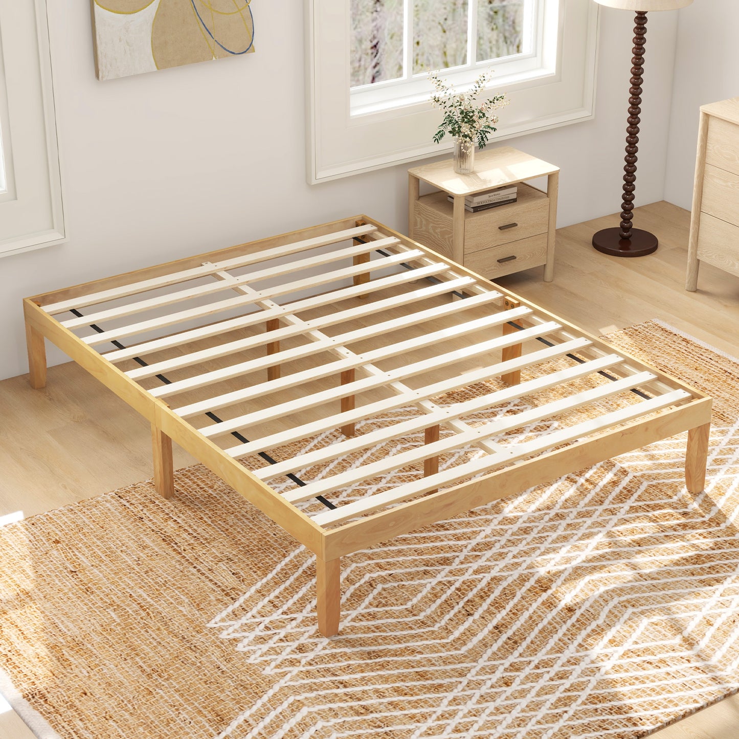Queen Size Wood Bed Frame with Wooden Slats Support and Rubber Wood Legs-Natural Kids Crystal