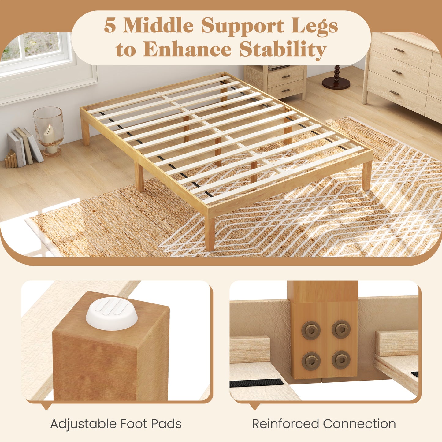 Queen Size Wood Bed Frame with Wooden Slats Support and Rubber Wood Legs-Natural Kids Crystal