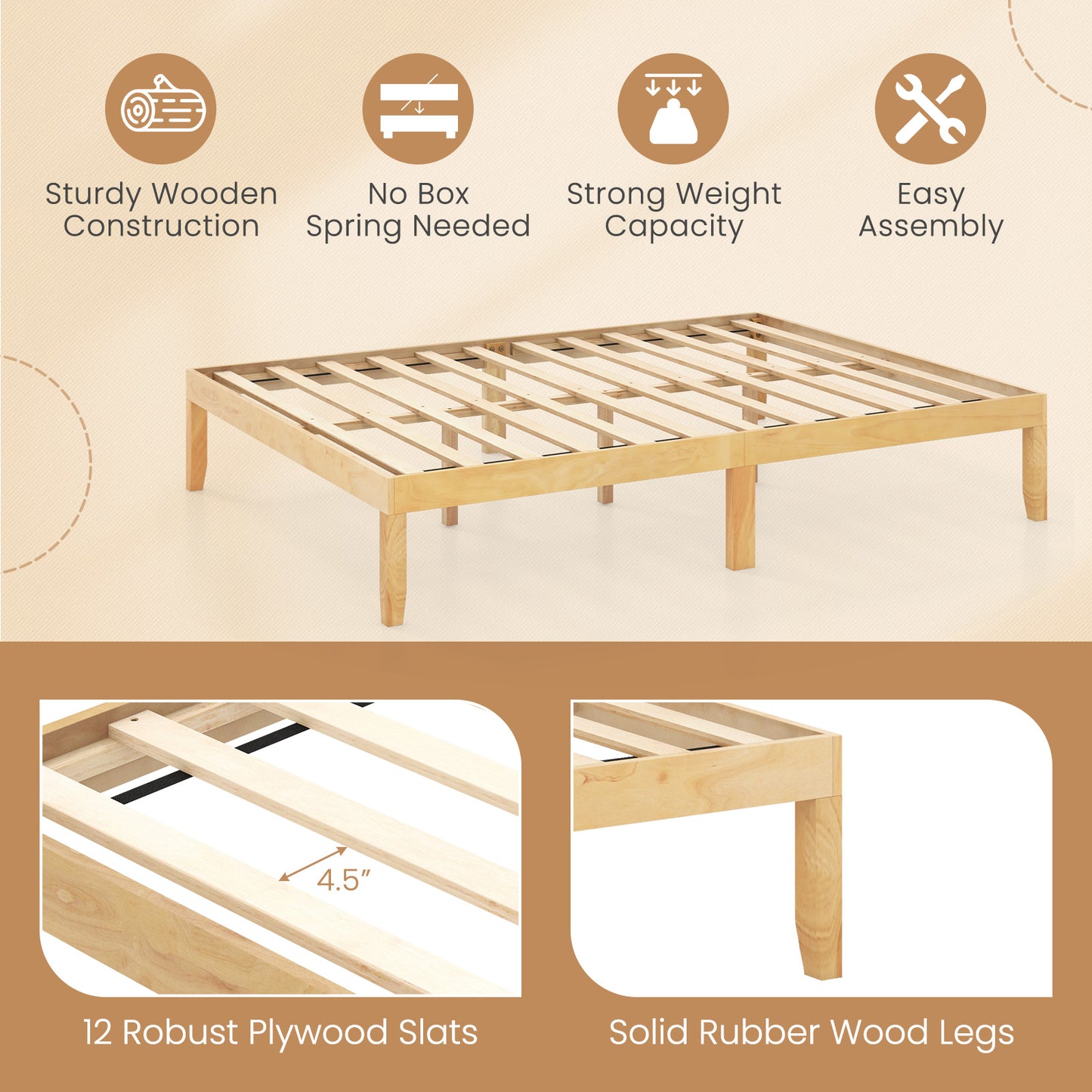 Queen Size Wood Bed Frame with Wooden Slats Support and Rubber Wood Legs-Natural Kids Crystal