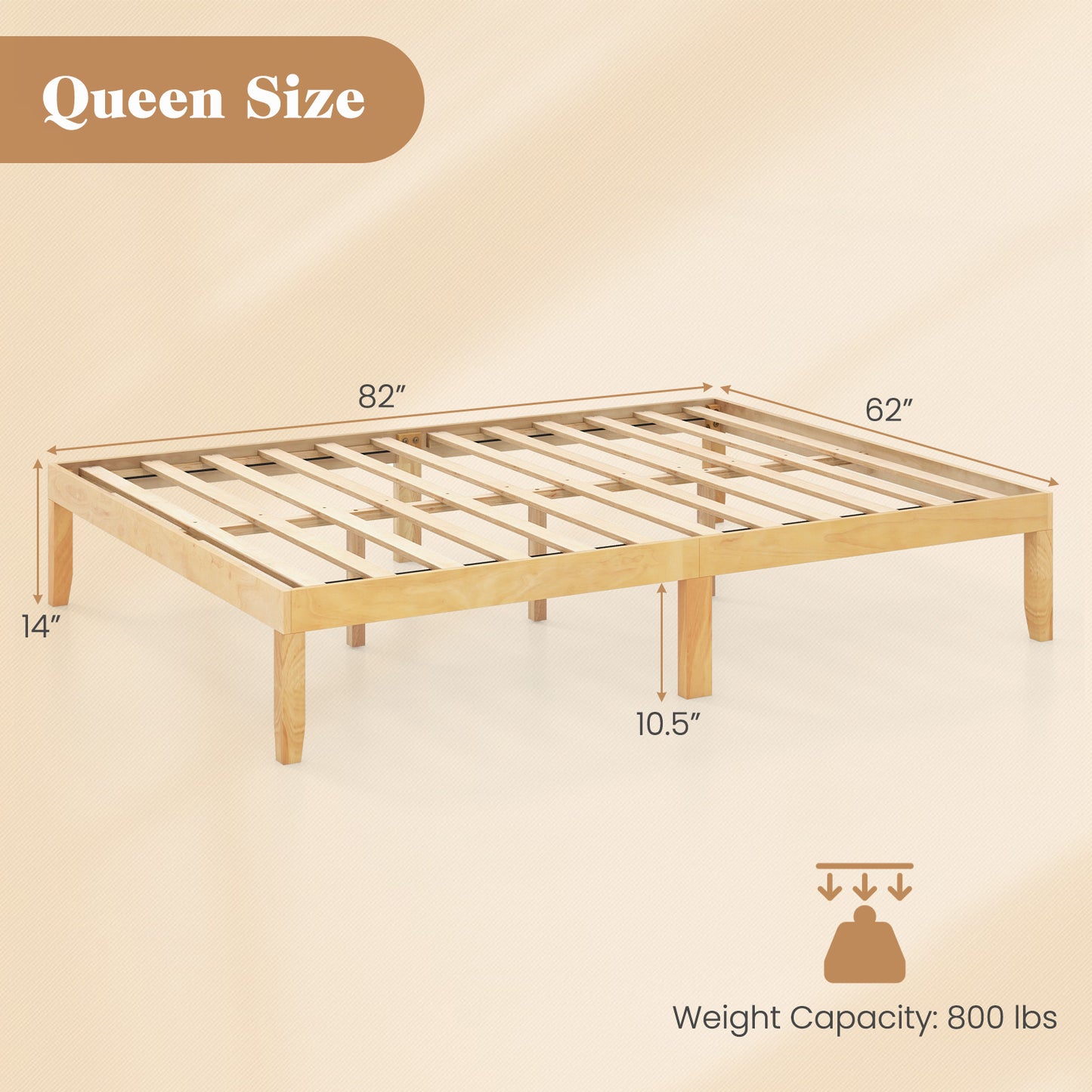 Queen Size Wood Bed Frame with Wooden Slats Support and Rubber Wood Legs-Natural Kids Crystal